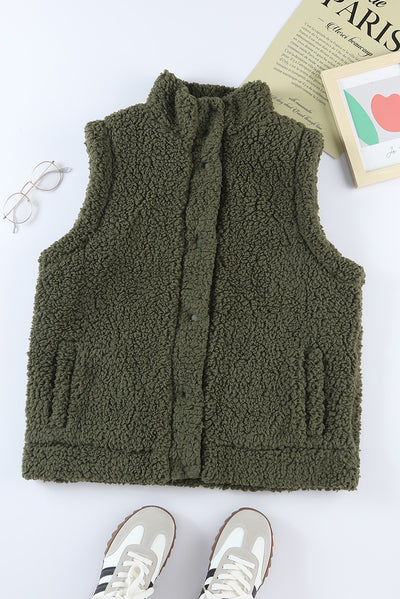 Green Snap Button Pocketed Sherpa Vest Jacket-Outerwear-MomFashion