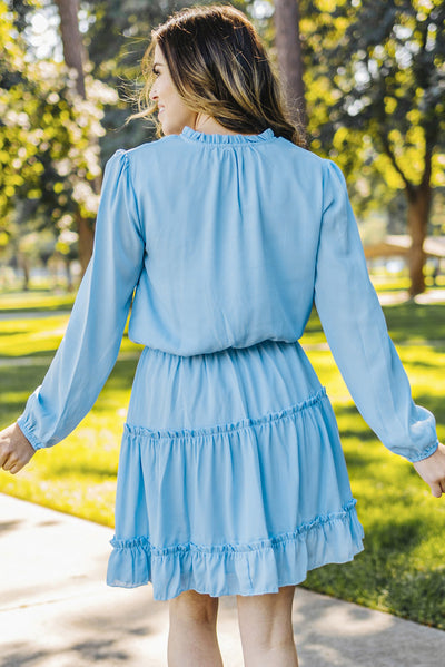 Light Blue V Neck Long Sleeve Ruffle Tiered Mini Dress-Dresses-MomFashion