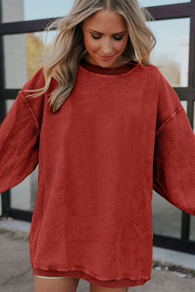 Racing Red Ribbed Corded Oversized Sweatshirt-Tops-MomFashion