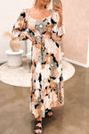 Tie Waist Puff Sleeve Bold Floral Maxi Dress-Dresses-MomFashion