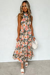 Black Boho Floral Print Knotted Halter Ruffled Maxi Dress-Dresses-MomFashion