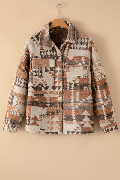 Brown Aztec Print Flap Pocket Button-up Jacket-Outerwear-MomFashion