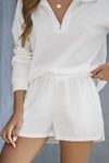 White Ribbed Zipper Sweatshirt and High Waist Shorts Set-Loungewear-MomFashion