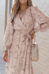 Leopard Surplice Neck Bubble Sleeve Maxi Dress with Sash-Dresses-MomFashion