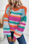 Multicolor Striped Knit Drop Shoulder Puff Sleeve Sweater-Tops-MomFashion