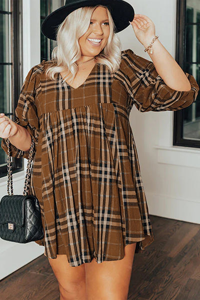 Brown Printed Plaid V Neck Plus Size Babydoll Dress-Plus Size-MomFashion