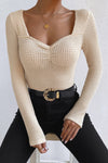 Apricot Square Neck Ruched Textured Knit Top-Tops-MomFashion