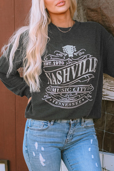 Black NASHVILLE MUSIC CITY Corded Graphic Sweatshirt-Tops-MomFashion