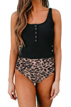 Black Square Neck Sleeveless Fashion Print Tankini Set-Swimwear-MomFashion