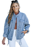 Sky Blue Roll-Up Tab Sleeve Button Down Pocket Denim Jacket-Outerwear-MomFashion