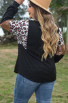 Black Leopard Sequin Patch Plus Size Long Sleeve Top-Plus Size-MomFashion