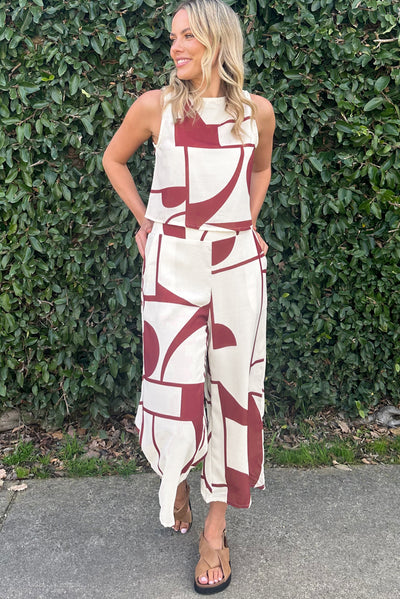 White Abstract Printed Button Back Vest and Wide Leg Pants Set-Loungewear-MomFashion