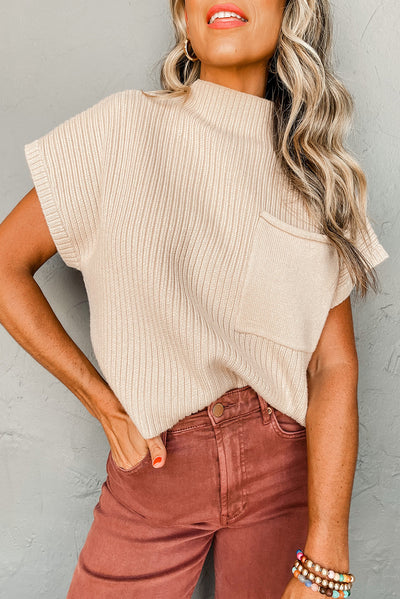 Oatmeal Patch Pocket Ribbed Knit Short Sleeve Sweater-Tops-MomFashion