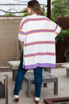 Beige Plus Size Striped Dropped Shoulder Sweater Cardigan-Plus Size-MomFashion