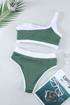 Green One Shoulder Patchwork High-waisted Bikini Set-Swimwear-MomFashion