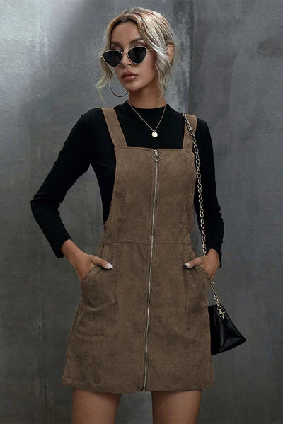 Brown O-ring Zip Up Pocketed Corduroy Dress-Dresses-MomFashion