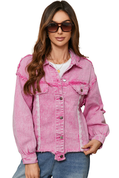 Pink Lace Patchwork Distressed Buttoned Denim Jacket-Outerwear/Denim jackets-MomFashion