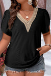 Black Guipure V Neck Plus Size Eyelet Embroidered Top-Plus Size-MomFashion