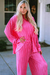 Rose Pleated Long Sleeve Shirt and Wide-Leg Pants Set-Loungewear-MomFashion