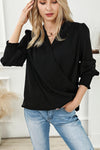 Black Solid Surplice Neck Shirred Cuffs Draped Blouse-Tops-MomFashion