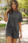 Carbon Grey Ribbed Textured Knit Loose Fit Tee and Shorts Set-Two Piece Sets/Short Sets-MomFashion