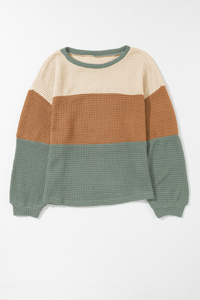 Green Stripe Textured Color Block Bubble Sleeve Baggy Top-Tops-MomFashion