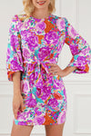 Purple Floral Keyhole Back Long Sleeve Belted Dress-Dresses-MomFashion