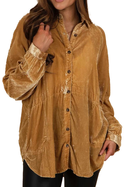 Gold Solid Color Button Up Loose Fit Velvet Shirt-Tops-MomFashion