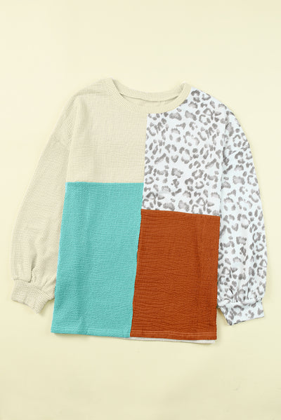 Leopard Patchwork Color Block Ribbed Long Sleeve Top-Tops-MomFashion