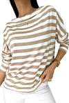 Khaki Striped Boat Neck Long Sleeve Top-Tops-MomFashion