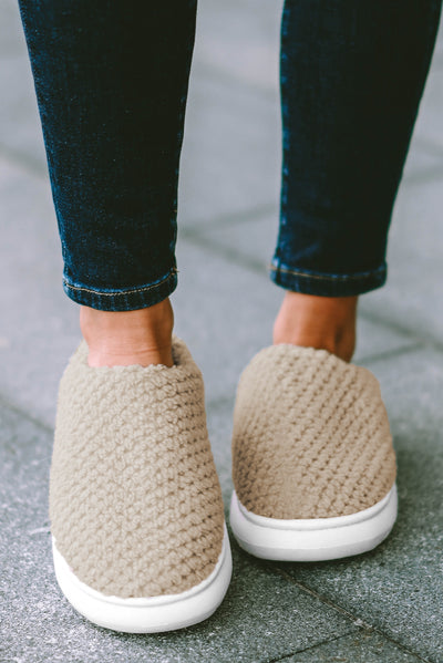 Pale Khaki Two-tone Knitted Warm Homewear Slippers-Shoes & Bags-MomFashion