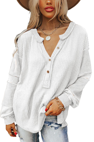 White Contrast Patched Exposed Seam Waffle Knit Henley Top-Tops-MomFashion