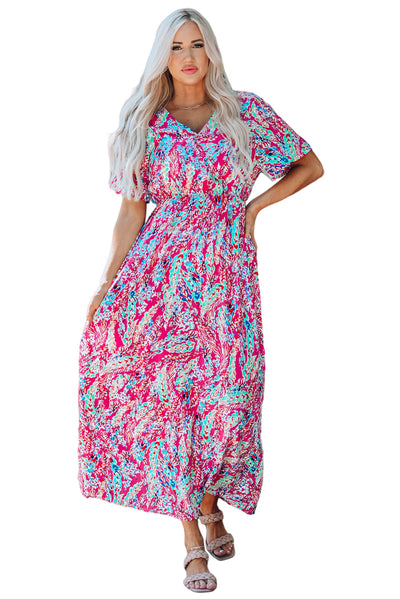 Wrap V Neck Floral Maxi Dress-Dresses-MomFashion