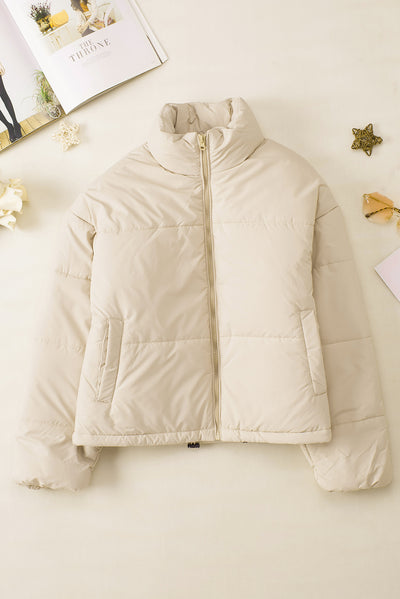 Apricot Zip Up Drawstring Hem Puffer Coat-Outerwear-MomFashion