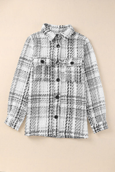 White Plaid Print Pocketed Shirt Jacket-Outerwear-MomFashion