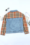 Sky Blue Medium Wash Plaid Sleeves Denim Jacket-Outerwear-MomFashion