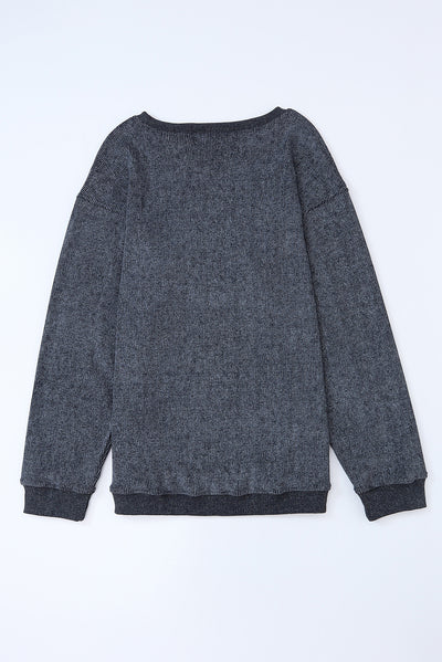 Gray Solid Ribbed Knit Round Neck Pullover Sweatshirt-Tops-MomFashion