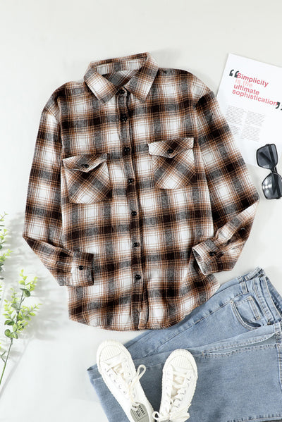 Brown Buttons Pocketed Plaid Shacket-Outerwear-MomFashion