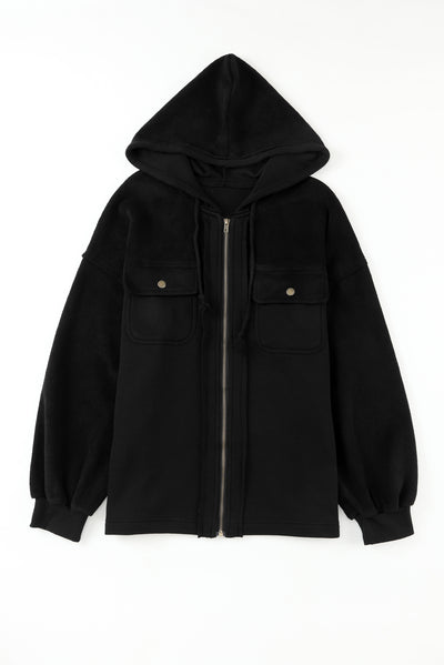 Black Flap Pocket Drawstring Hood Zip Up Jacket-Outerwear-MomFashion