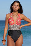 Retro Floral Leopard Stripes Deep V Neck One-piece Swimwear-Swimwear-MomFashion