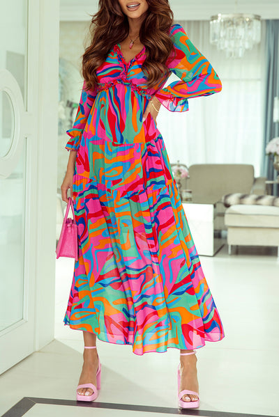 Multicolor Wild Lotus Ruffle Tiered Maxi Dress-Dresses-MomFashion