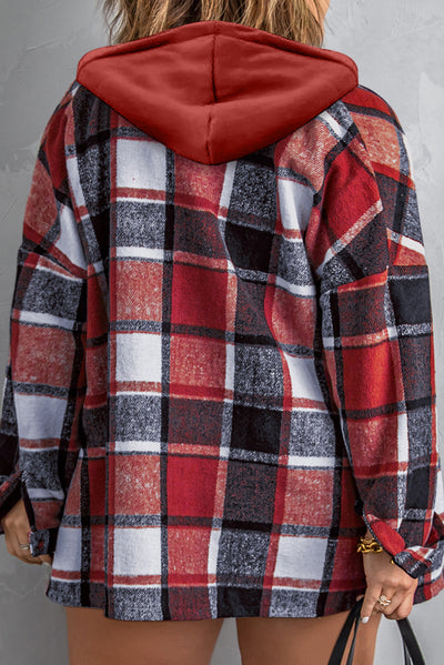 Red Printed Plus Size Plaid Button up Hooded Jacket-Plus Size-MomFashion