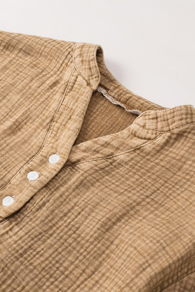 Brown Crinkle Textured Loose Henley Top-Tops-MomFashion