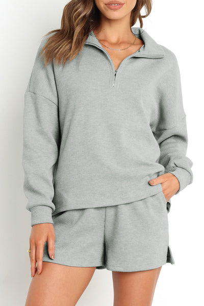 Gray Ribbed Zipper Sweatshirt and High Waist Shorts Set-Loungewear-MomFashion