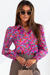 Multicolor Abstract Floral Button Up Long Puff Sleeve Shirt-Tops-MomFashion