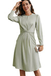 Green Twist Front Tie Back Long Sleeve Satin Dress-Dresses-MomFashion