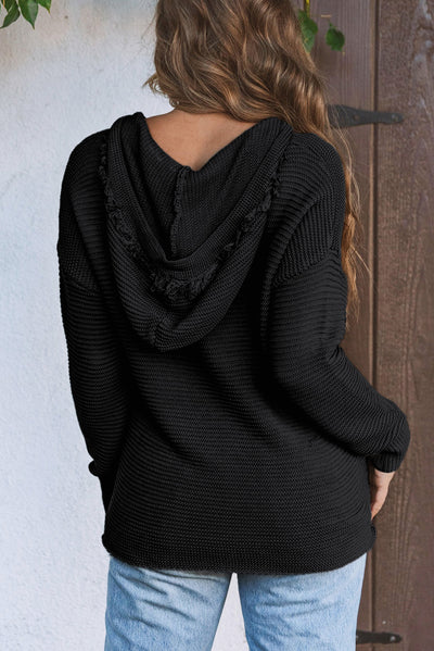 Black V Neck Ribbed Drop Shoulder Hooded Sweater-Tops-MomFashion