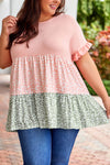 Pink Ruffled Short Sleeve Leopard Splicing Flowy Plus Size Top-Plus Size-MomFashion