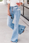 Sky Blue High Waist Buttoned Distressed Flared Jeans-Bottoms-MomFashion