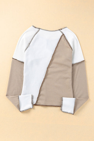 White Irregular Color Block Seaming Trim Rib Knit Top-Tops-MomFashion